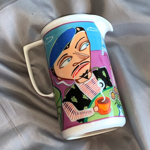 Vintage Martin Ansola art Paris couple with coffee whimsical pitcher - Picture 2 of 13